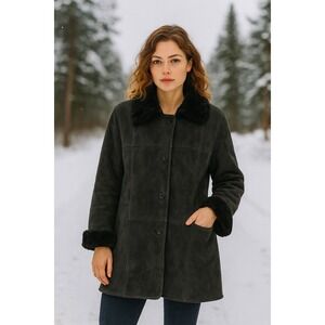 Sawyer of Napa‎ Womens Shearling Sheepskin Coat Winter Black Warm Faux Fur Trim